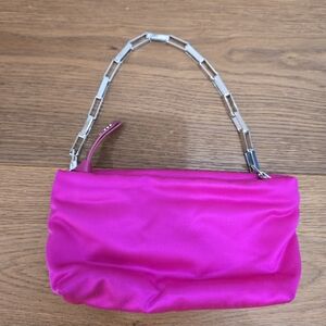 The Attico Fuchsia Satin Clutch with Silver Chain